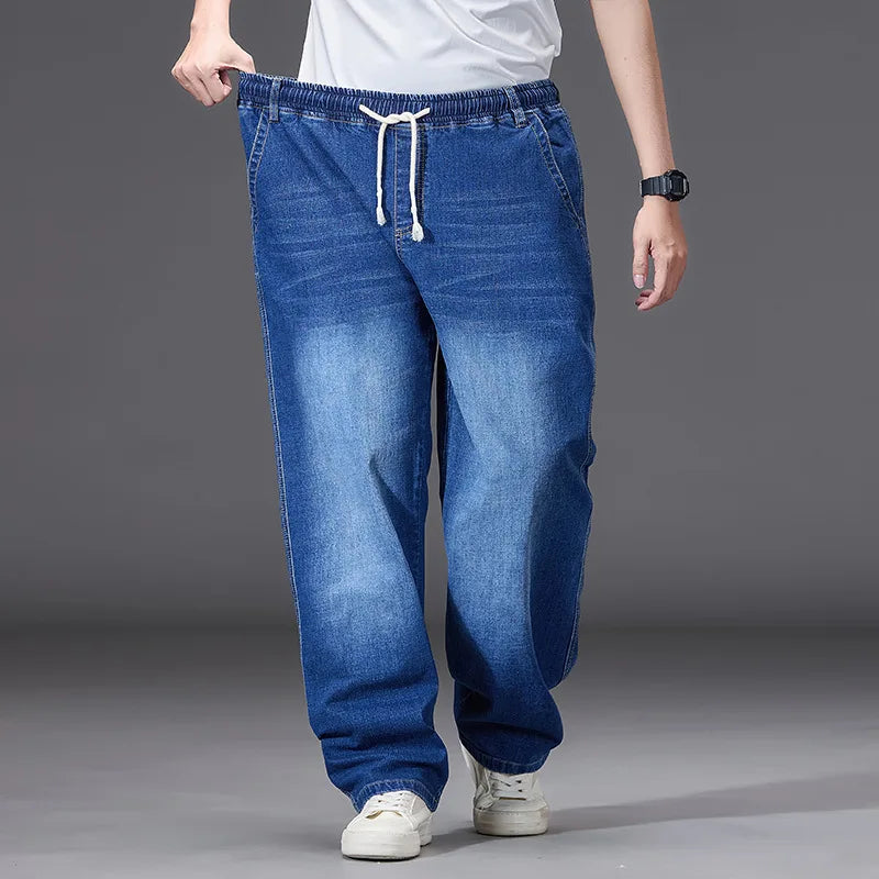 8XL Elastic Waist Men's Jeans, Loose Straight Leg Stretch Denim Pants, Plus Size Casual Streetwear, Big Size Relaxed Fit Trouser - Matrix Studios