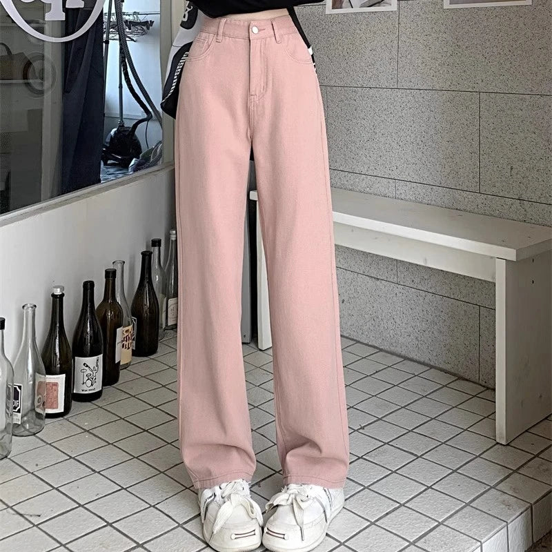 Woman Vintage Wide Leg Jeans Girls High Waist Pants Female Fashion Black Black Grey Retro Blue Light Blue Pink Denim Trousers - Matrix-studios.com