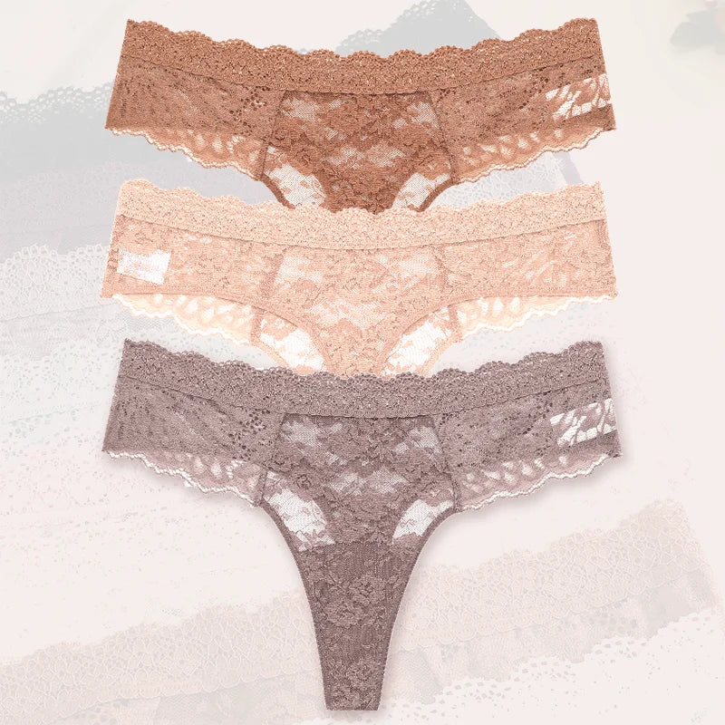 3Pcs Lace Sexy Thongs Women Low-Rise Briefs Sexy Soft Ladies Underwear Trendy Floral Underpants Female Flowery Panty Lingerie - Matrix Studios