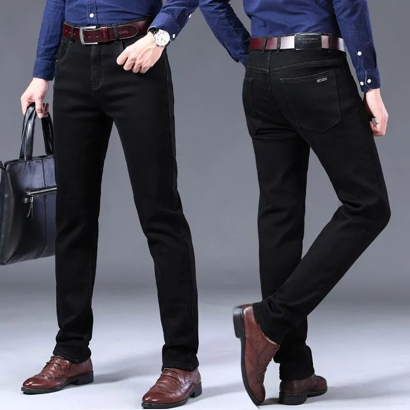 2025 New business casual Trousers Grey Fleece Men Clothes Black Elasticity Warm Winter Jeans Velvet Jeans - Matrix Studios