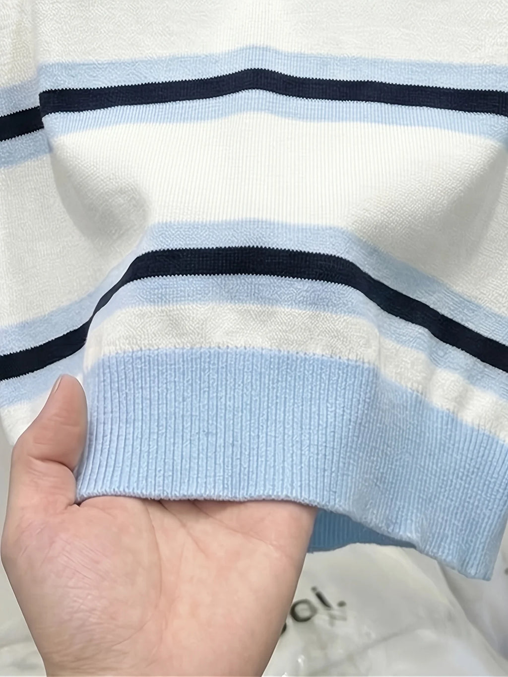 Polo Collar Striped Heart Knit Tee Women White Blue Black Short Sleeve Soft Stretch Sweet Daily Office SlimKnit T Shirt Blouse - Matrix-studios.com