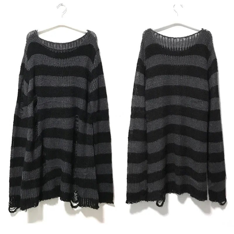 New Streetwear Top Punk Gothic Long Unisex Sweater Summer Women Striped Cool Hollow Out Hole Broken Jumper Loose Rock Thin Dark - Matrix Studios