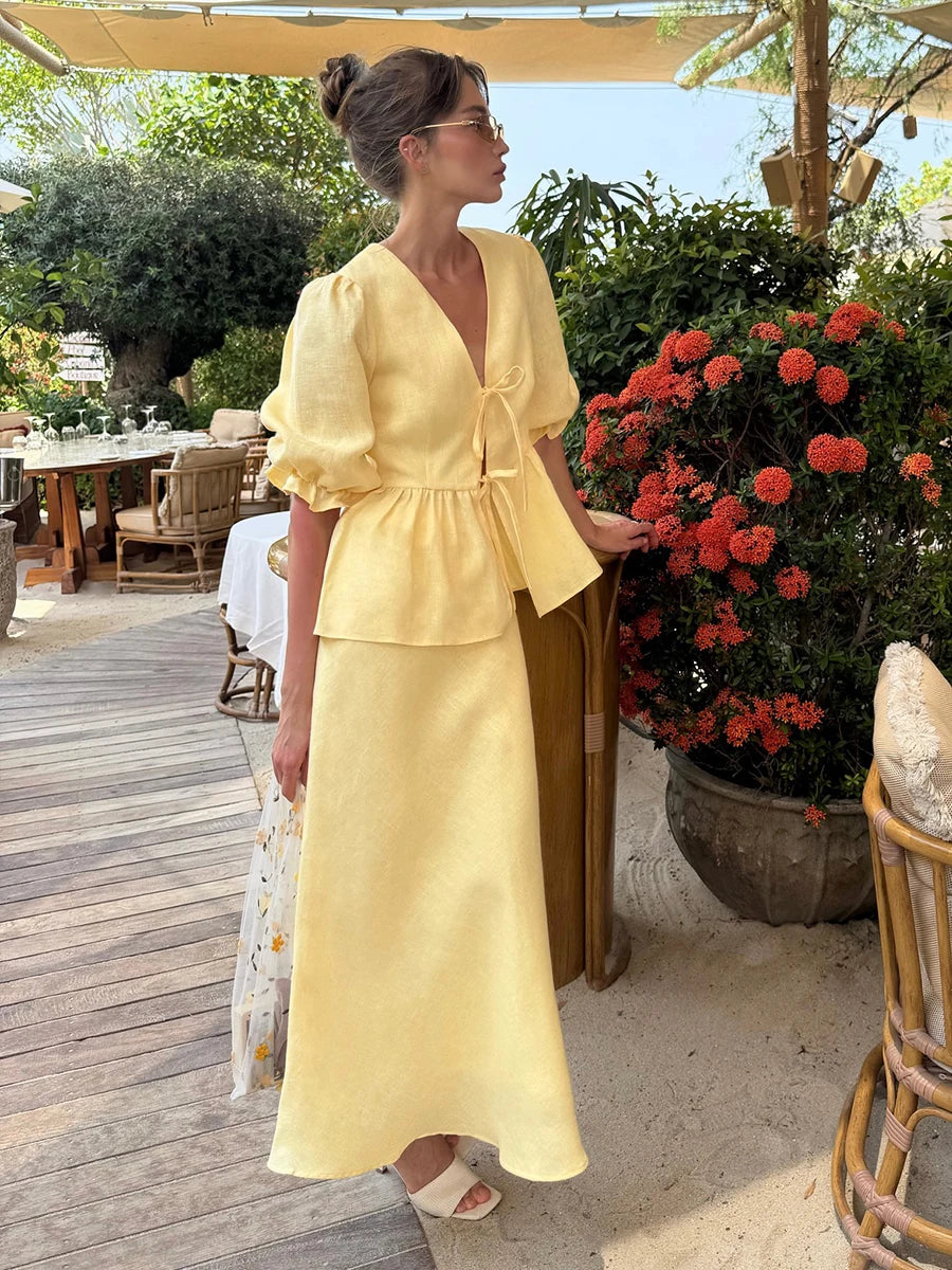 Bornladies 2025 Summer Women's 100% Cotton V-Neck Lace-Up Bubble Sleeve Shirt  Long Skirt Set Loose Casual Two-Piece Suit - Matrix-studios.com