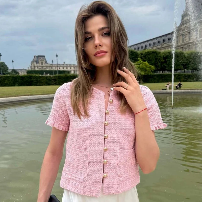 HXAO Crop Knit Cardigan For Women Summer Knitwear 2025 Women's Sweater Pink Off White O-Neck Short Sleeve Bolero Cardigan Woman - Matrix Studios
