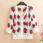 Three-Dimensional Flower Openwork Crocheted Sweater Cardigan Women's Spring And Autumn New Heavy Industry Joker Sweater 3XL Coat - Matrix Studios