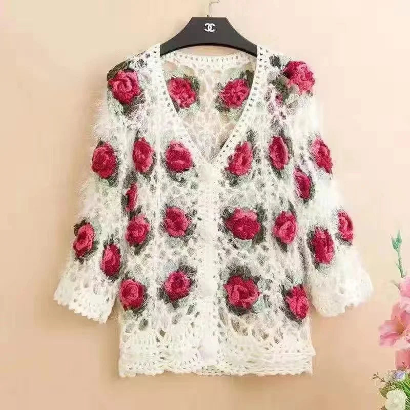 Three-Dimensional Flower Openwork Crocheted Sweater Cardigan Women's Spring And Autumn New Heavy Industry Joker Sweater 3XL Coat - Matrix Studios