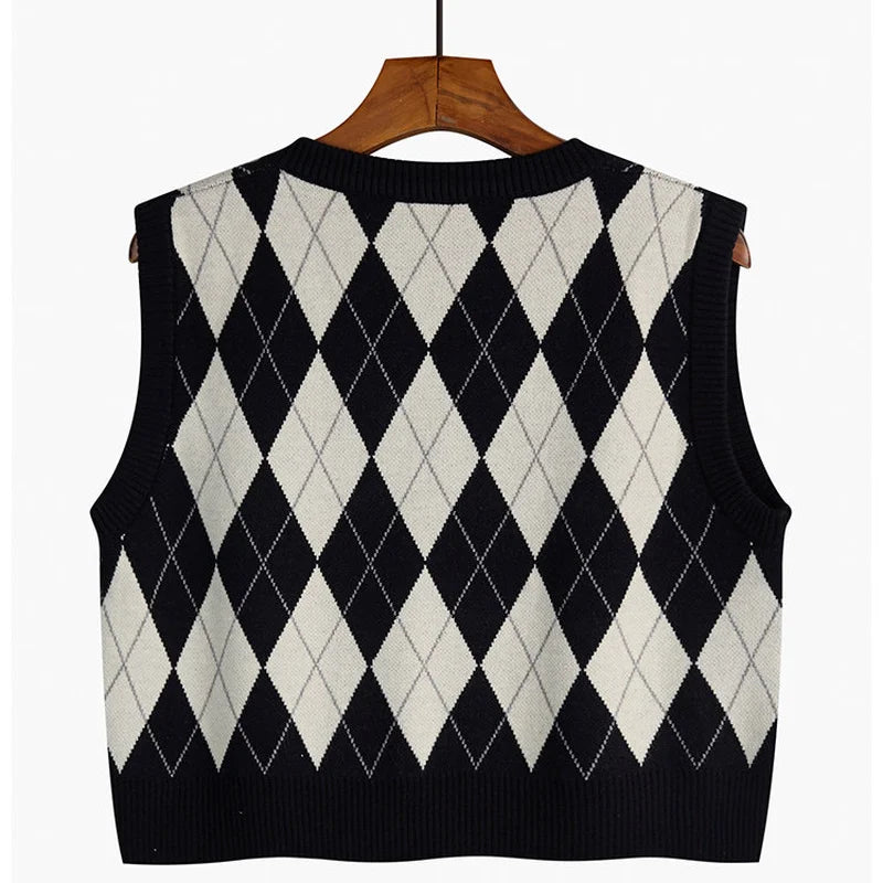Autumn Fashion Female Vintage Plaid Sweater Vests Women's Tank Tops Knitted Crop Top Women Sleeveless Knitted Vest Waistcoat - Matrix Studios