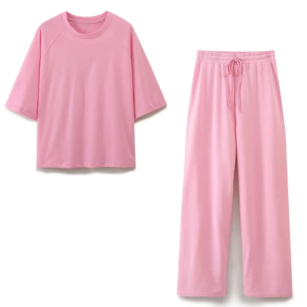 DUOPERI Women Fashion 2 Pieces Sets Solid Loose T-Shirt and High Elastic Waist Trousers Female Chic Lady Casual Pant Coordinates - Matrix-studios.com