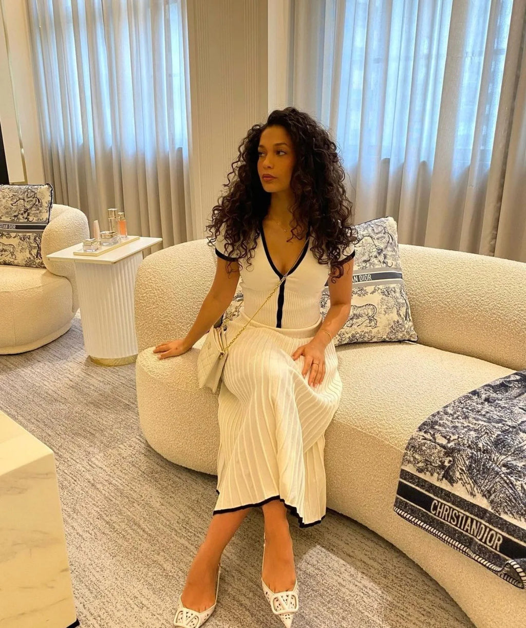 2024 Summer Women White long Skirt Suit Short Sleeve V-neck crop top pleated set elegant dress 2 piece skirt set Plus Size S-3XL - Matrix-studios.com