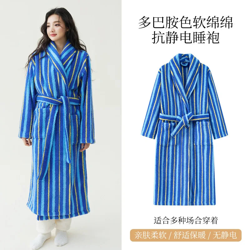 2025 New Autumn/Winter Women's Sleepwear Thick Velvet Warm Robe Couple Coral Velvet Striped Lengthed Home Clothes Bathrobe - Matrix-studios.com