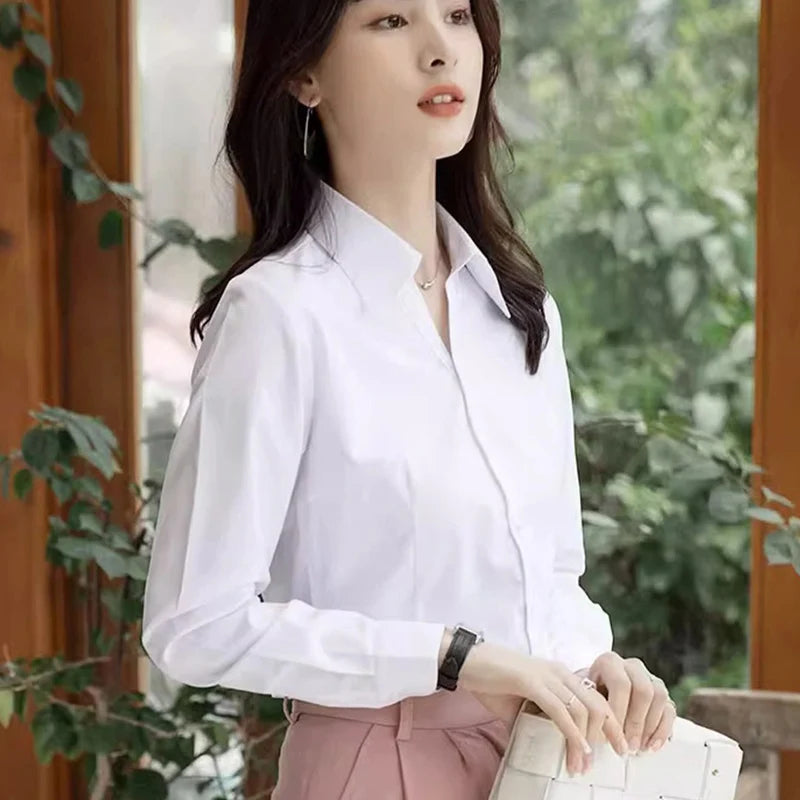 Professional White Shirt Women Office Lady Slim Fit Formal Blouse Woman Daily Commuter Simple Versatile Square Collar Base Shirt - Matrix-studios.com