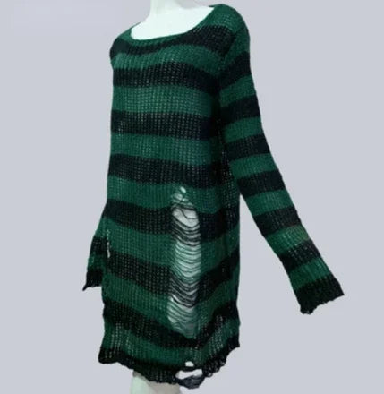 New Streetwear Top Punk Gothic Long Unisex Sweater Summer Women Striped Cool Hollow Out Hole Broken Jumper Loose Rock Thin Dark - Matrix Studios