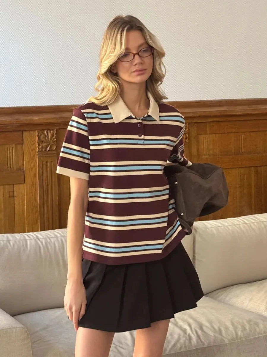 Bornladies Summer 2025 New Women's Retro Striped Polo Short Sleeve T-Shirt Loose Knitted Casual Top - Stylish Flattering Fit - Matrix-studios.com