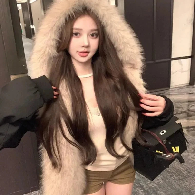 Double-Sided Warm Fur Coat Women Autumn Winter Loose Thicken Plush Cotton Coat 2025 New Women Hooded Imitation Mink Fur Outwear - Matrix Studios