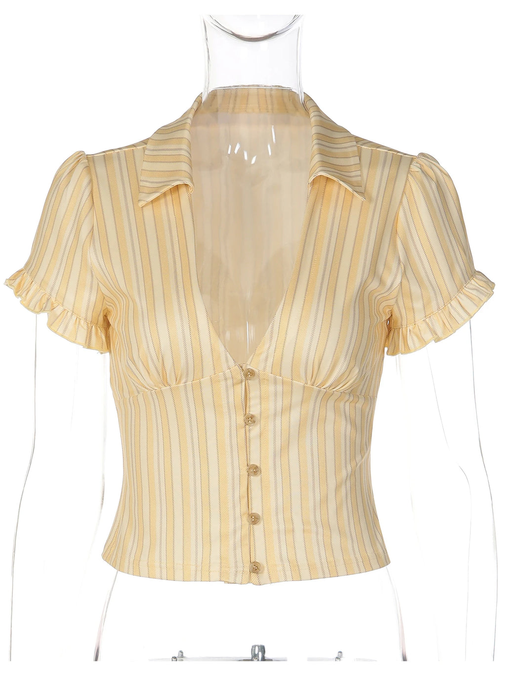 Hugcitar Striped Print V Neck Polo Short Puff Sleeve Buttons Slim Crop T-Shirt Top Summer Women Fashion Clothes Vacation Party - Matrix-studios.com