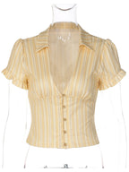 Hugcitar Striped Print V Neck Polo Short Puff Sleeve Buttons Slim Crop T-Shirt Top Summer Women Fashion Clothes Vacation Party - Matrix-studios.com