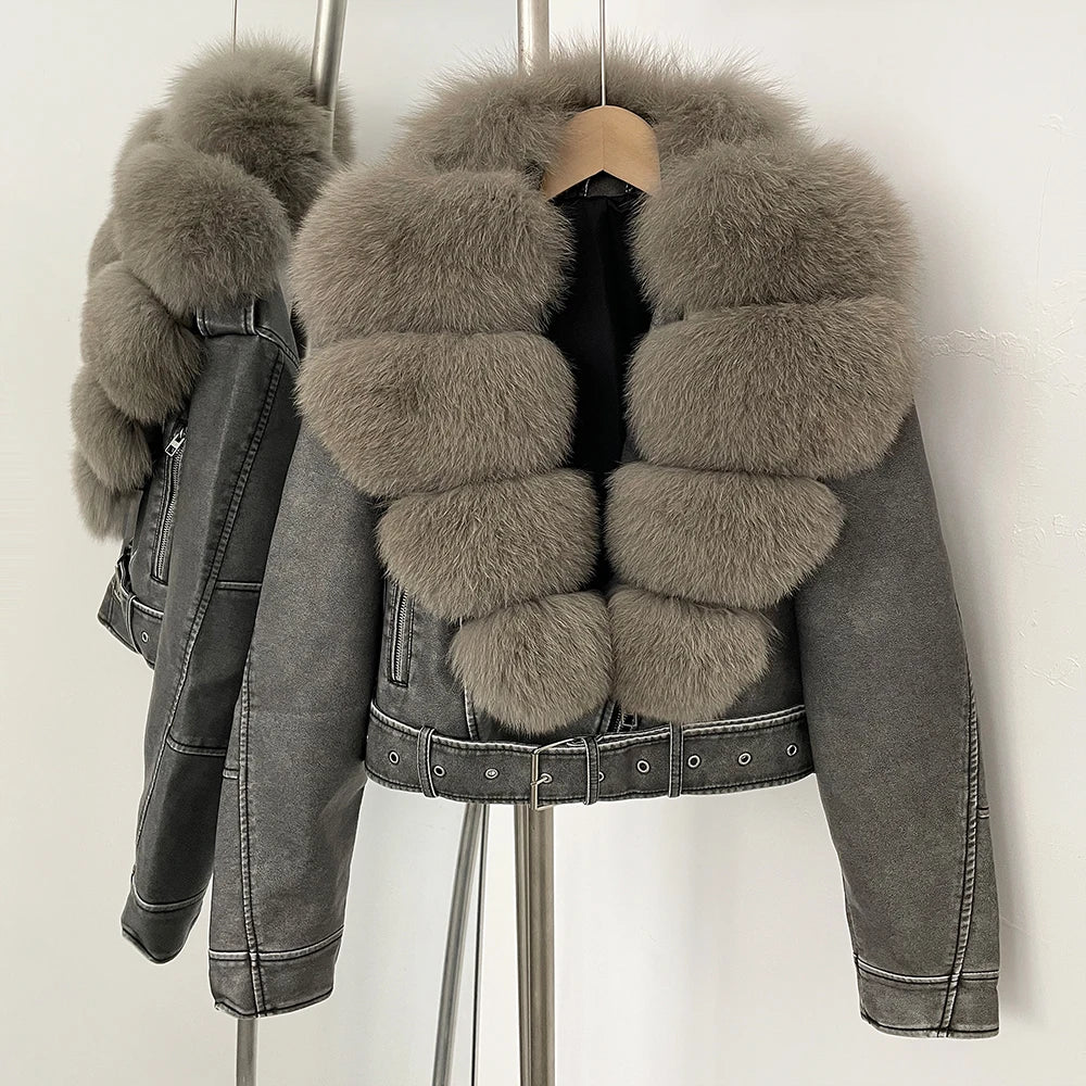 OFTBUY Natural Fox Fur Faux Leather Jacket Female New Autumn Short Top Clothing Women Long Sleeve Fake Leather Real Fur Coat - Matrix Studios