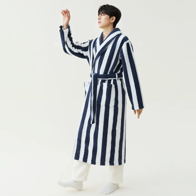 2025 New Autumn/Winter Women's Sleepwear Thick Velvet Warm Robe Couple Coral Velvet Striped Lengthed Home Clothes Bathrobe - Matrix-studios.com