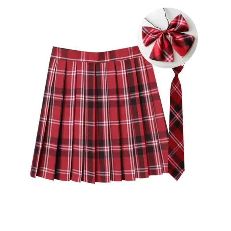 Women Summer Plaid Pleated Skirt With Necktie Bowtie Korean Jk Skirt Uniform Japanese School Preppy A Line Mini Skirts - Matrix-studios.com