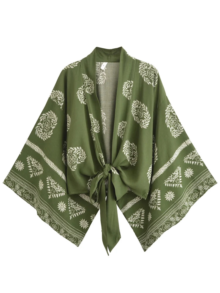 Vintage Women Fashion Boho Kimono Short Robe Swimsuits Floral Print Batwing Sleeves Bohemian Bikini Cover-Ups Beachwear - Matrix Studios