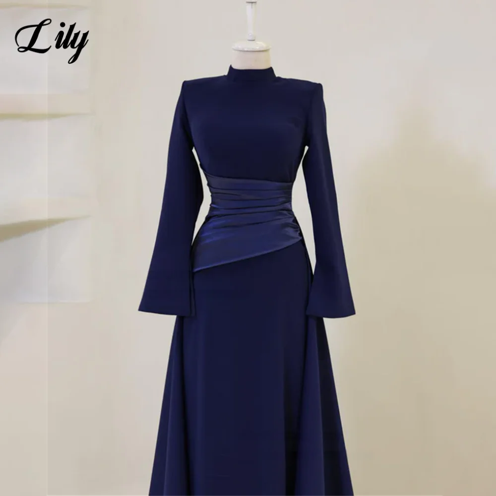 Lily Burgundy Elegant Prom Dresses High-Neck Long Sleeves Mermaid Evening Dresses Satin Muslim Formal Gowns Dubai  Customized - Matrix-studios.com