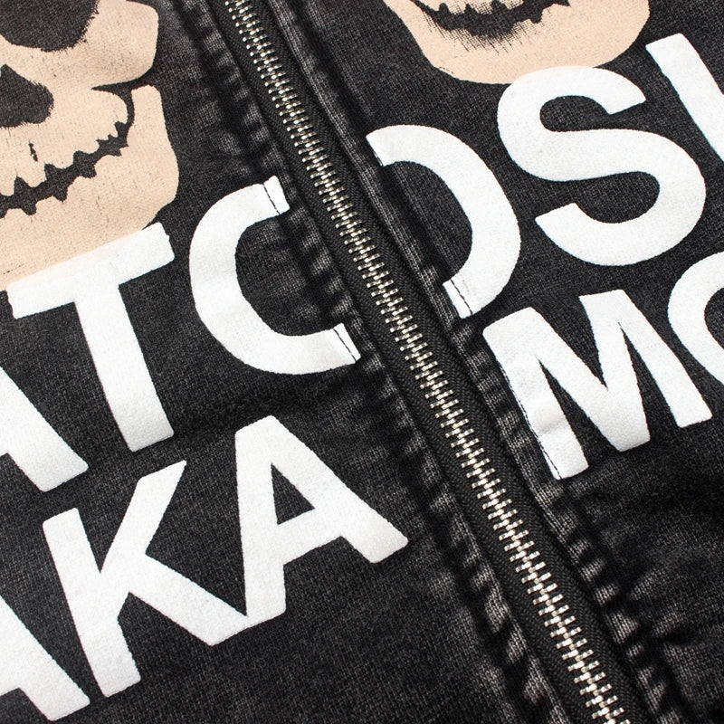 2XL Hiphop Street Distressed Washed Worn SATOSHI Zip-up Hoodie Flame Skeleton Vintage Faded Print Jacket Men Women Terry Outfit - Matrix-studios.com