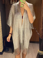Gold Crochet Cover Up Women Sun Protective Beach Shirt Sheer Mesh Tunic with Shiny Tassel Trim Resort Wear Swimwear Cover Ups - Matrix Studios