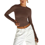 Fashion Women T-shirt Long Sleeve Crew Neck Solid Slim Fit Ladies Crop Top with Thumb Holes for Daily Streetwear Summer Camis - Matrix-studios.com