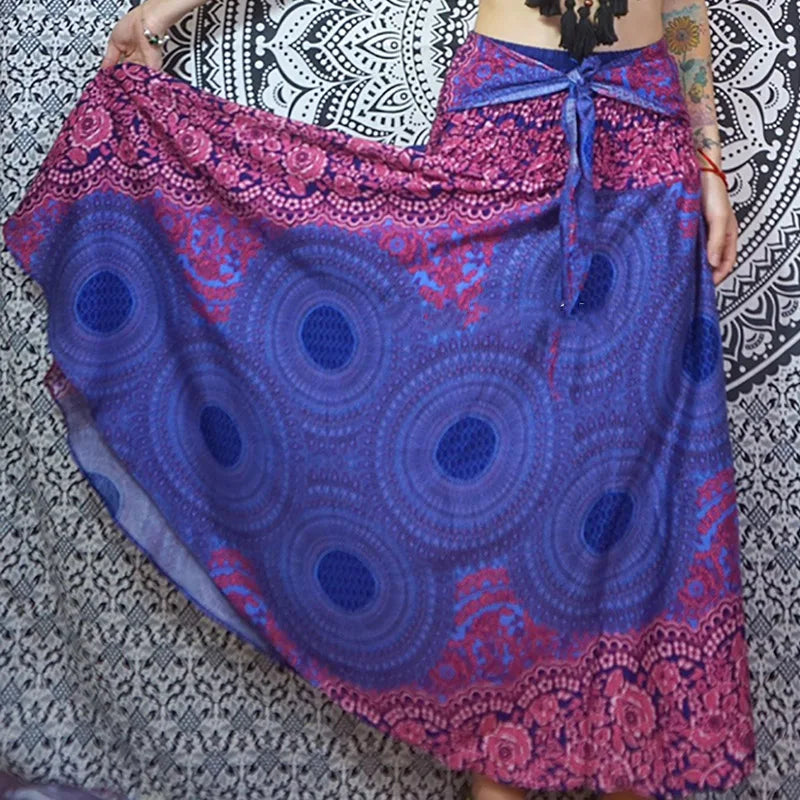 Boho Skirts Women Rayon Beach Long Dress Summer Bohemian Jupe Longue Femme Elastic Waist Print Floral Bandage Halter Hippie - Matrix Studios