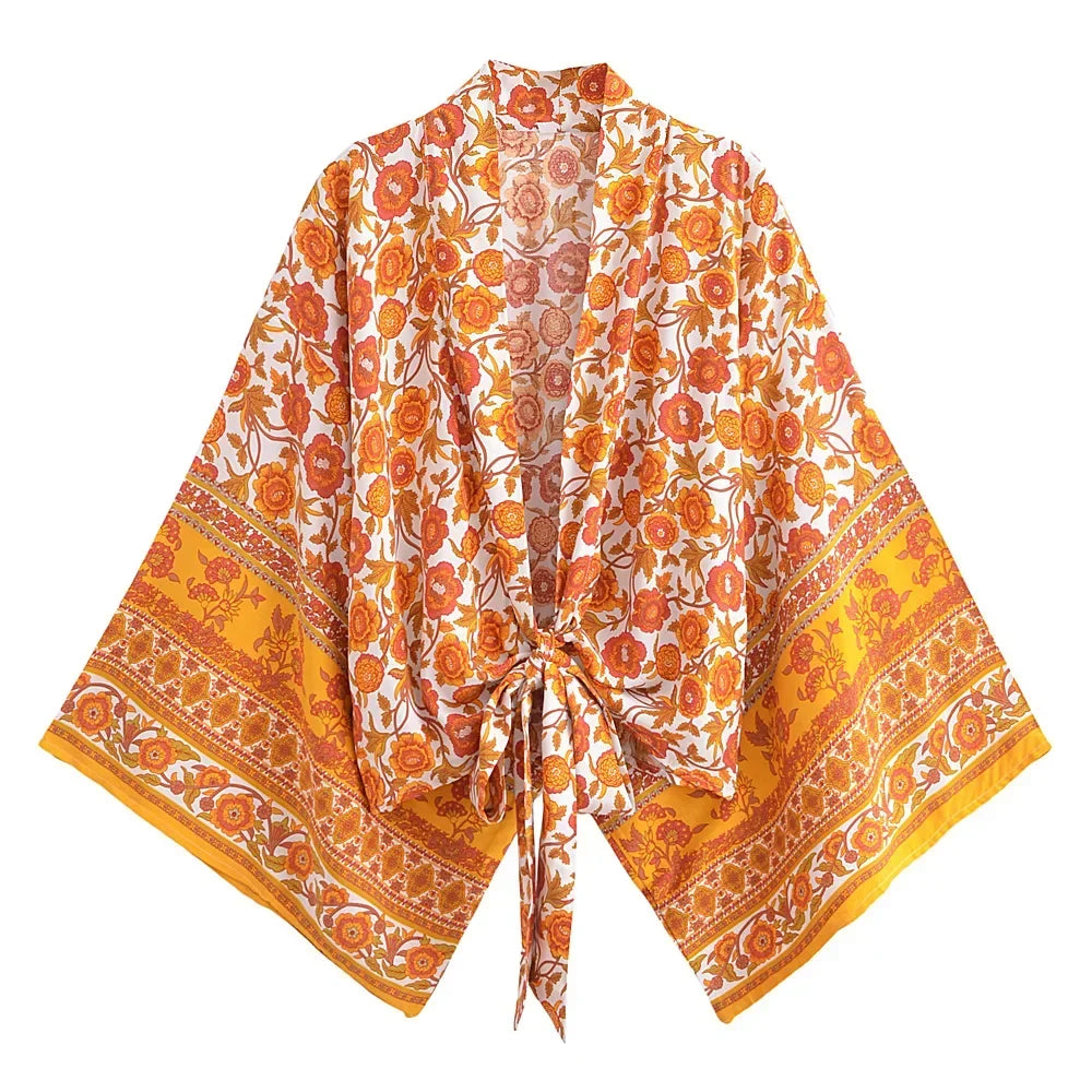 Happie Queens Floral Print Sashes Short  Kimono Women Fashion V Neck Batwing Sleeves Robe Lady Boho Bikini Cover-ups - Matrix Studios