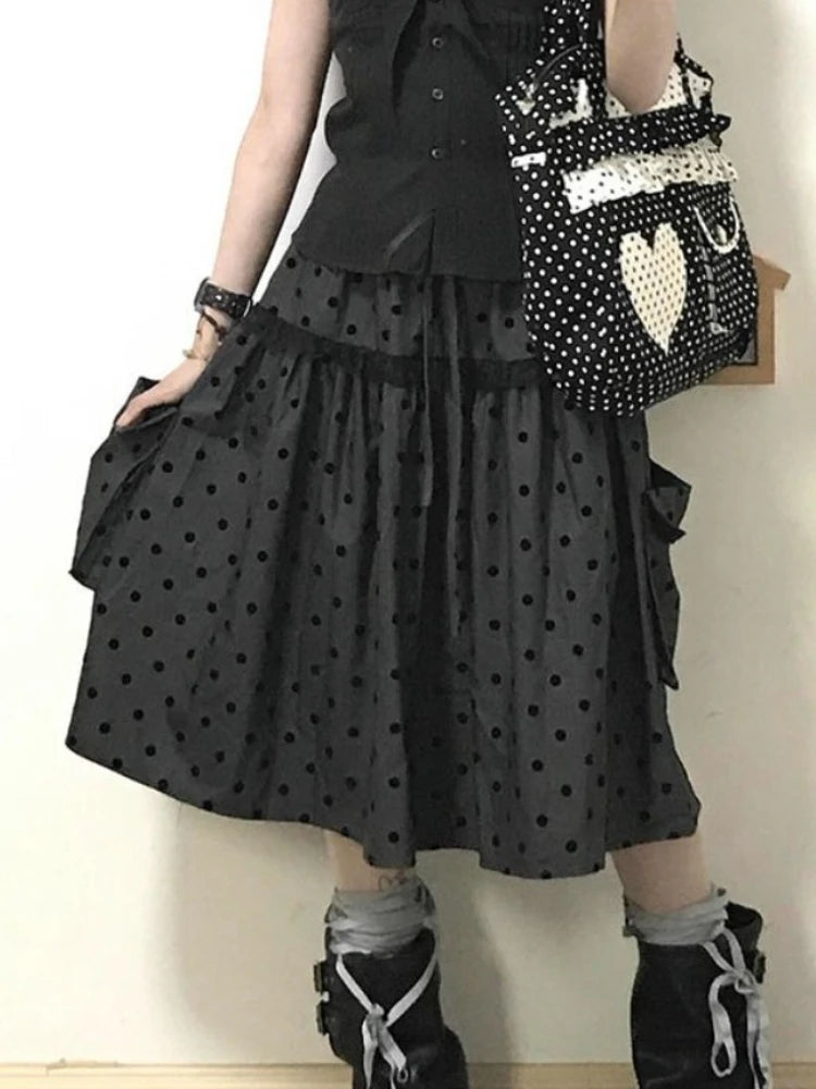 2000 Aesthetic Gray Design Polka Dot Skirt Women New American Retro Cute Skirts Female A-line Hottie Lace Korean Popular Clothes - Matrix-studios.com