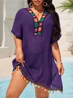 MOXDOWomen's Plus Size Bohemian Crochet Beach Dress, Loose Flowy Vacation Cover-up with Tassels - Matrix Studios