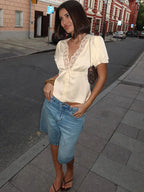 Tossy Lace Summer V-Neck T-shirt Top For Women Lace-Up Hollow Out Short Sleeve Printed Cropped Top Pullover Female Bandage Tee - Matrix-studios.com