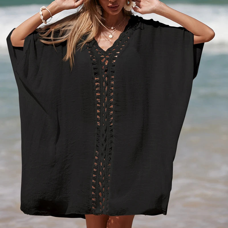 Holiday Crochet Knitted Beach Cover-Ups Dress Splicing Loose Dress Solid Color Beachwear transparent Sunscreen Sexy Beach Smock - Matrix Studios
