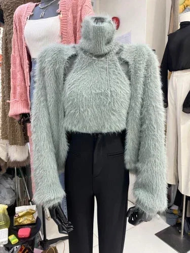 Mink Cashmere Tanks Tops Y2k Cardigan Feminino Vest Camis High Neck Knit V  Mohair White  Coat Sueter Sweater Mujer - Matrix Studios