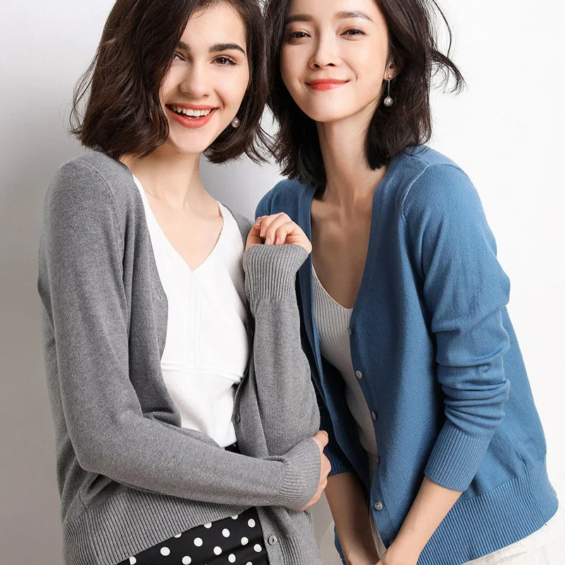 Cardigans Women 2025 Autumn Single Breasted V-neck Knitted Sweater Fashion Short Knitwear Solid Blue Green Pink Women's Jumpers - Matrix Studios