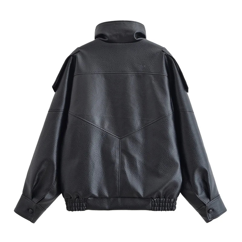 Women's Jacket 2026 Autunm  New Black Long Sleeve Pebble Faux Leather Jacket Motorcycle Style Personality Fashion - Matrix Studios