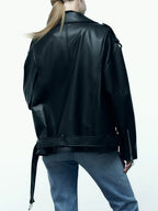 Ailegogo Women Loose Motorcycle Biker Black Pu Faux Leather Jacket with Belt Spring Autumn Female Zipper Coat Outwear - Matrix Studios