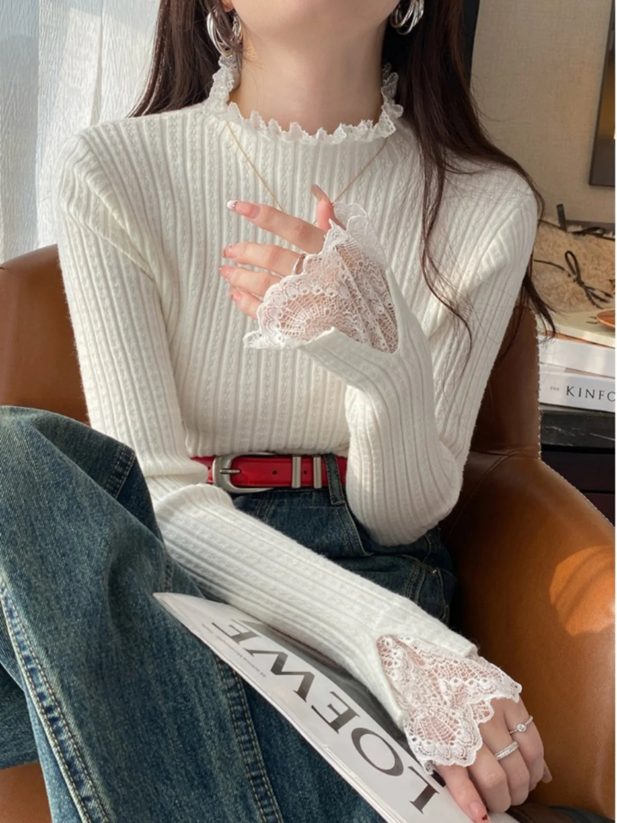 Autumn Winter Turtleneck Skinny Elastic Knitted Pullovers Women Solid Color Tops Female Long Sleeve Knit Patctwork Lace Sweater - Matrix Studios