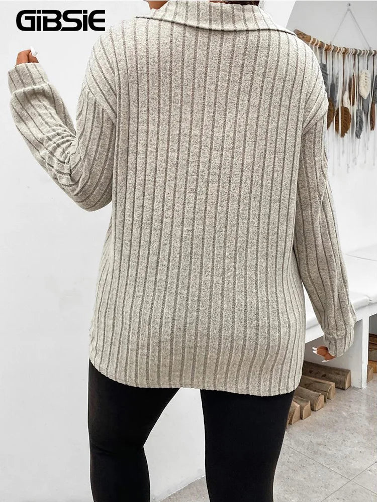 GIBSIE Plus Size Tshirt for Women Spring Fall Polo Collar Long Sleeve T-Shirt Female Casual Ribbed Knit Solid Tee Tops 2023 - Matrix-studios.com