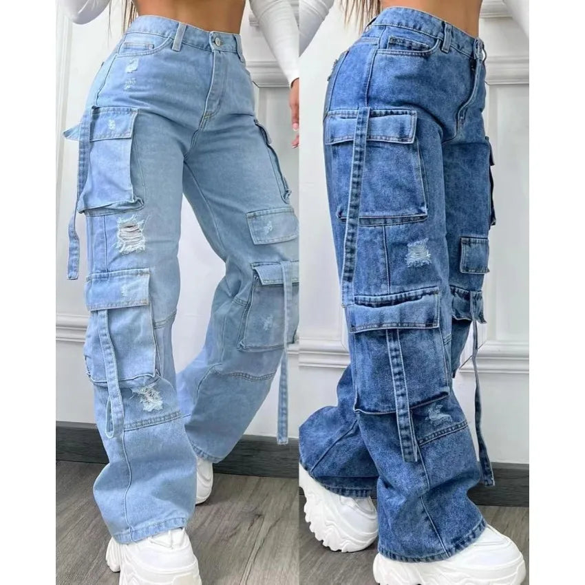 High Waist Multi Pocket Jeans Women 2025 New  Fashionable Solid Color Versatile Large Size Cargo Pants - Matrix-studios.com