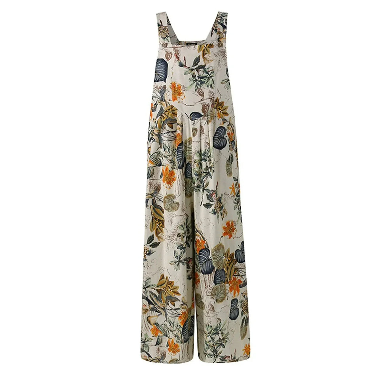 Combhasaki Women's S-3XL Cotton and Linen Jumpsuit Leaf Floral Print Square Neck Sleeveless Casual Loose Overalls with Pockets - Matrix Studios