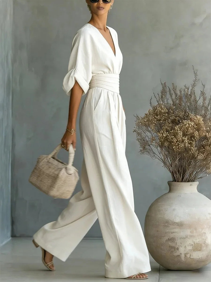 Women's Jumpsuit Fashion High Waist V-neck Casual Jumpsuits Sexy  Solid Color Office Wide Leg Trousers Overalls Vacation Outfit - Matrix Studios