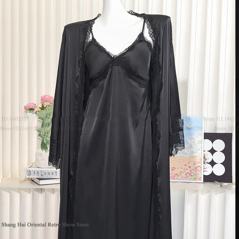 New Female Long Robe Nightgown Set Sexy Lace Trim Sleepwear Suspender Nightdress Spring Summer Casual Satin Home Dress Bathrobe - Matrix-studios.com