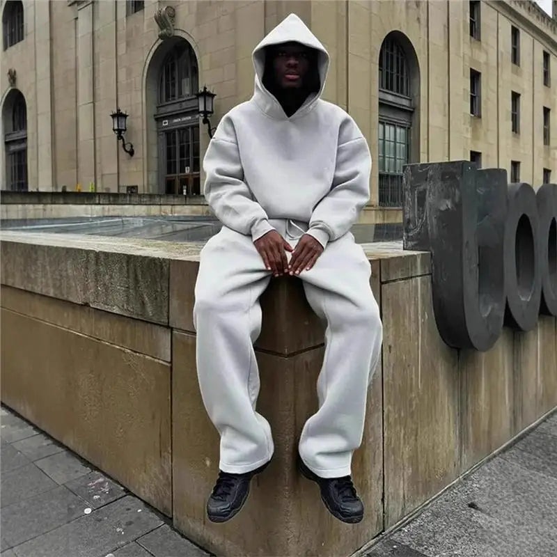 Men Pant Set Two Piece Sets Hooded Full Sleeve Sweatshirts Tops Long Pants High Waist Casual Loose Solid Streetwear Spring 2026