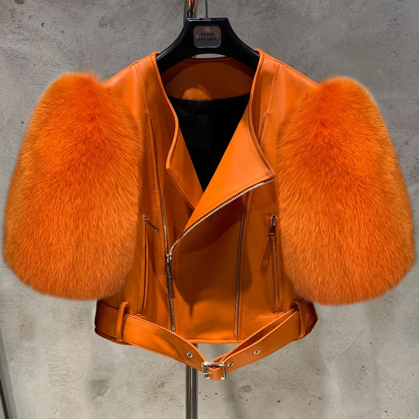 Leather Fur Jacket Natural Fur Sleeve Ladies Short Leather Jacket Real Fox Fur Sleeve Coat Women Autumn 21001-1 - Matrix Studios