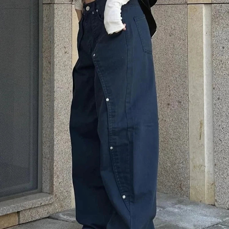Jeans for Woman Y2k Clothes Relaxed Loose Fit Wide Leg Trousers Vintage American Retro Style with Rivet Patchwork Split Design - Matrix-studios.com