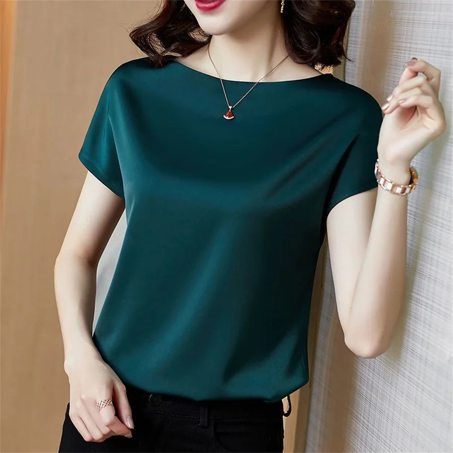 Office Lady Tops Summer Short Sleeve O-Neck Blouses Satin Blouse Women Shirts Simple Solid Casual Loose Shirt Blusas DF4904 - Matrix-studios.com