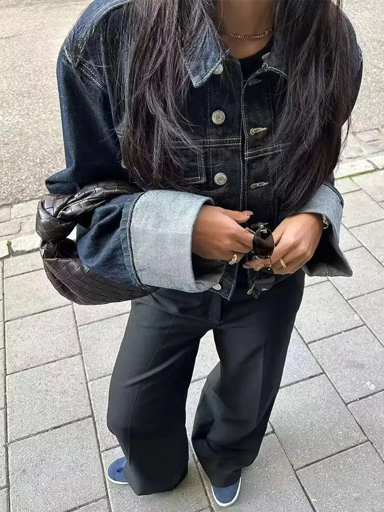 HH Women Fashion Denim Set Casual Lapel Long Sleeve Crop Jacket Buttons Female Vintage Wide Leg Loose Jeans Long Pants - Matrix-studios.com