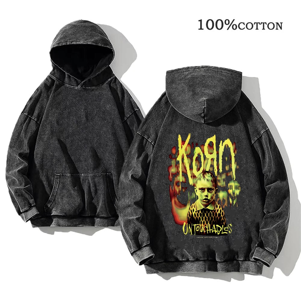 Korn Rock Band World Tour Hoodies Vintage Washed Men's Sweatshirts Cotton Hip Hop Streetwear Hooded Pullover Loose Y2K Tops - Matrix Studios
